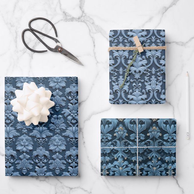 3D Blue Damask Pattern Vintage Wallpaper Wrapping Paper Sheets (Front)
