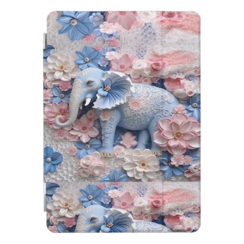 3D Blue Elephant iPad Smart Cover with Flowers