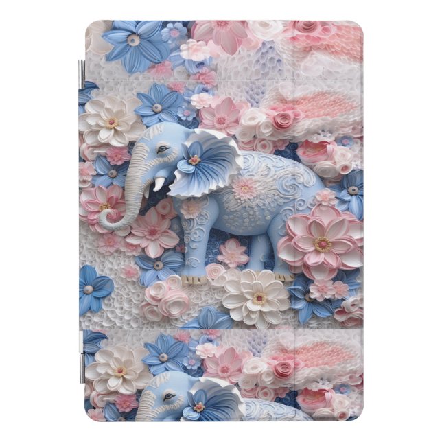 3D Blue Elephant iPad Smart Cover with Flowers (Front)