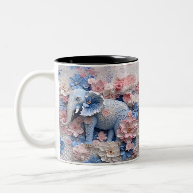 3D Blue Elephant Mug with Flowers (Left)