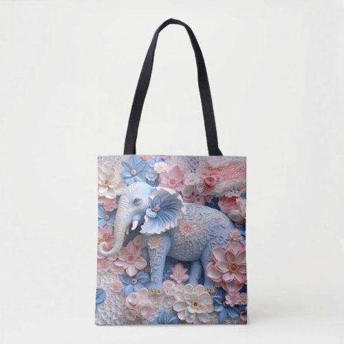 3D Blue Elephant Tote Canvas Bag with Flowers