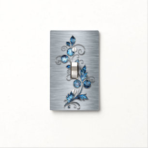 3d Blue floral deco and metallic silver Light Switch Cover