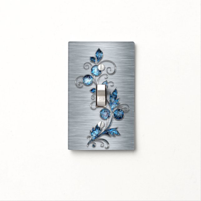 3d Blue floral deco and metallic silver Light Switch Cover (In Situ)