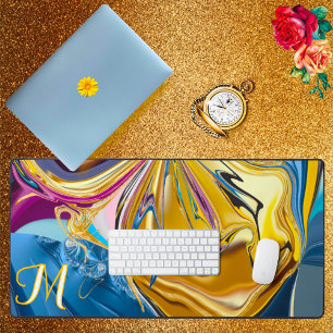 3D Blue Gold Stone Shape Monogram Liquid Abstract Desk Mat