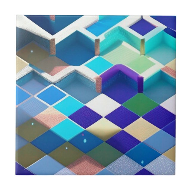3D blue purple green aqua geometric Ceramic Tile (Front)