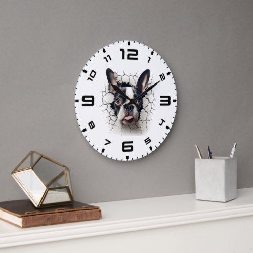 3D Boston Terrier Cracked Hole Large Clock
