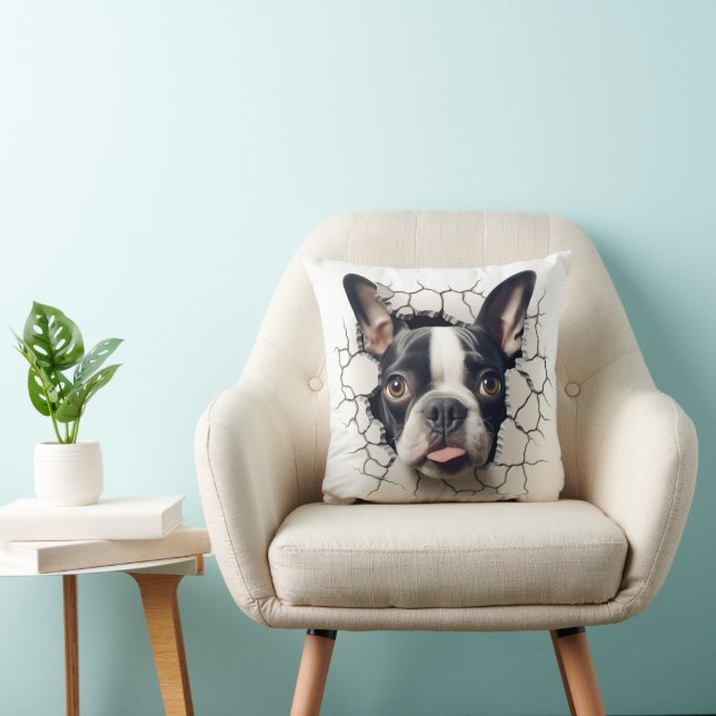 3D Boston Terrier Cracked Hole Throw Pillow (Chair)