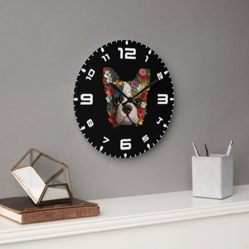 3D Boston Terrier Floral Large Clock