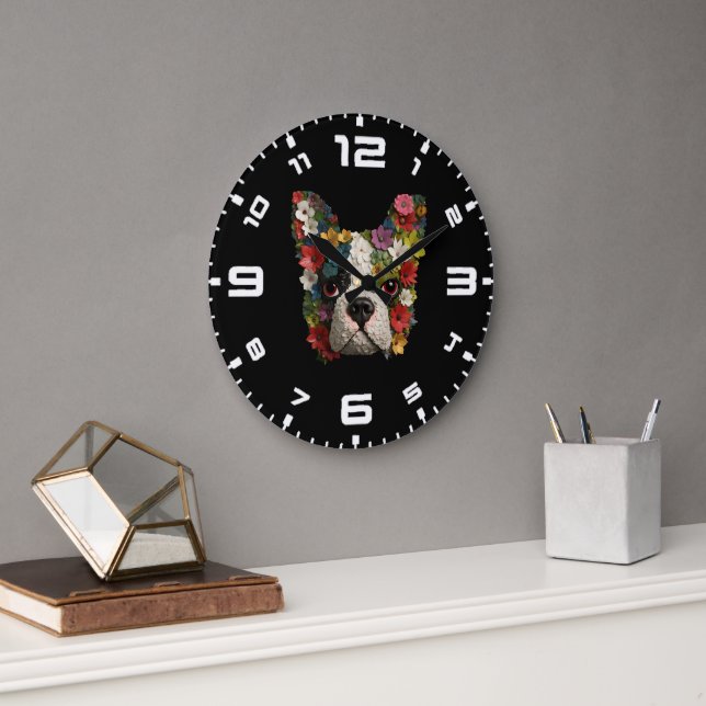3D Boston Terrier Floral Large Clock (Office)