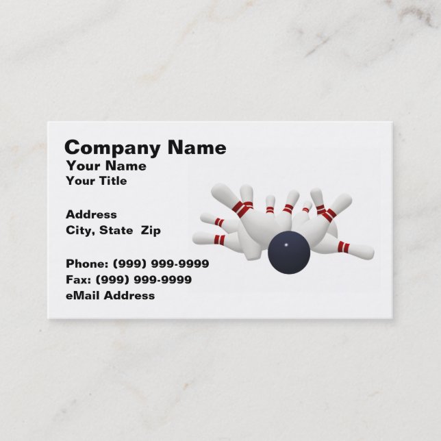 3D Bowling Ball Striking Pins (on White BG) Business Card (Front)