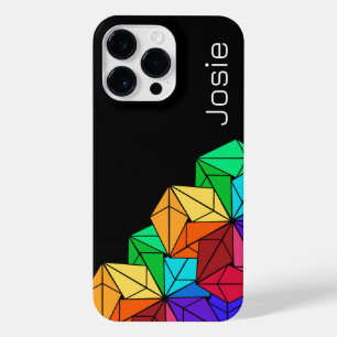 3D Bright Rainbow Cube Triangles on Black Add Name iPhone 14 Pro Max Case