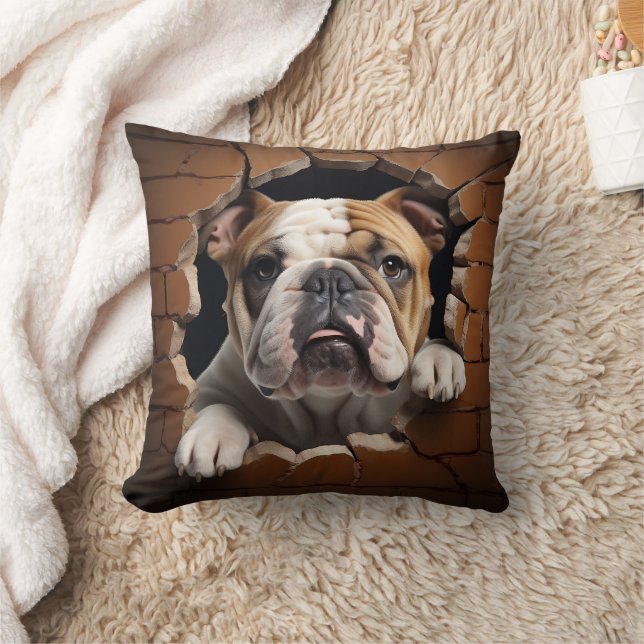 3D Bulldog Cracked Hole Brick Wall Throw Pillow (Blanket)