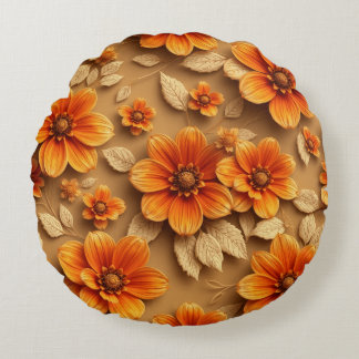 3d burnt orange flowers throw pillow, round pillow