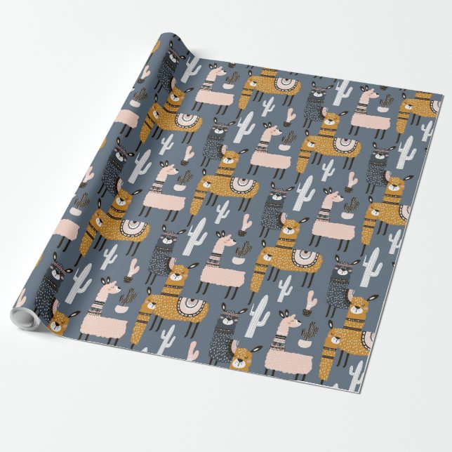 3D Cartoon Gray & Yellow Horse with Cactus Theme  Wrapping Paper (Unrolled)