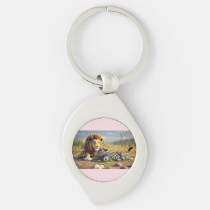 3D Cartoon Lion Eating Zebra – Wild Savannah Scene Keychain
