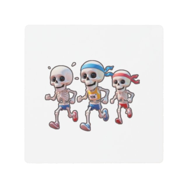 “3D Cartoon Skeleton Race • Funny Running Skeleton Metal Print (Front)