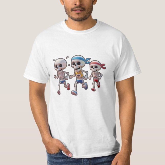 “3D Cartoon Skeleton Race • Funny Running Skeleton T-Shirt (Front)
