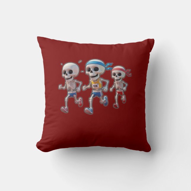 “3D Cartoon Skeleton Race • Funny Running Skeleton Throw Pillow (Front)