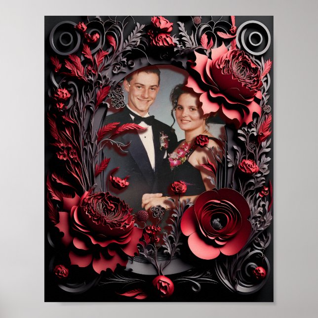 3D Carved Black and Red Floral Frame Poster (Front)