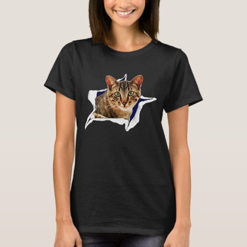 3D Cat Break_out Breaking Through on Black Torn T_Shirt