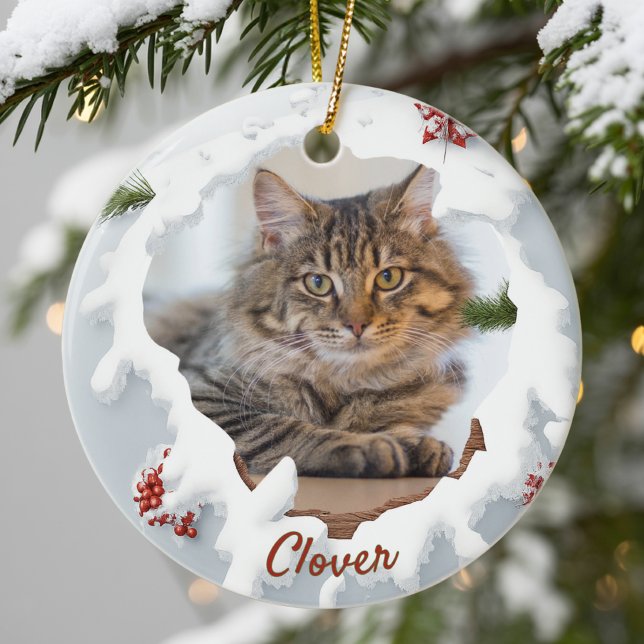 3D Cat Christmas Personalized Photo Pet Lover Gift Ceramic Ornament (Creator Uploaded)