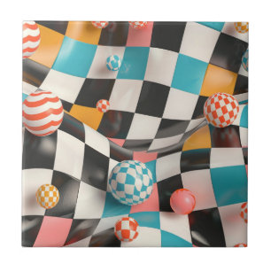3D Checkerboard Grid with Floating Spheres (2) Ceramic Tile