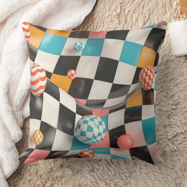 3D Checkerboard Grid with Floating Spheres (2) Throw Pillow (Blanket)