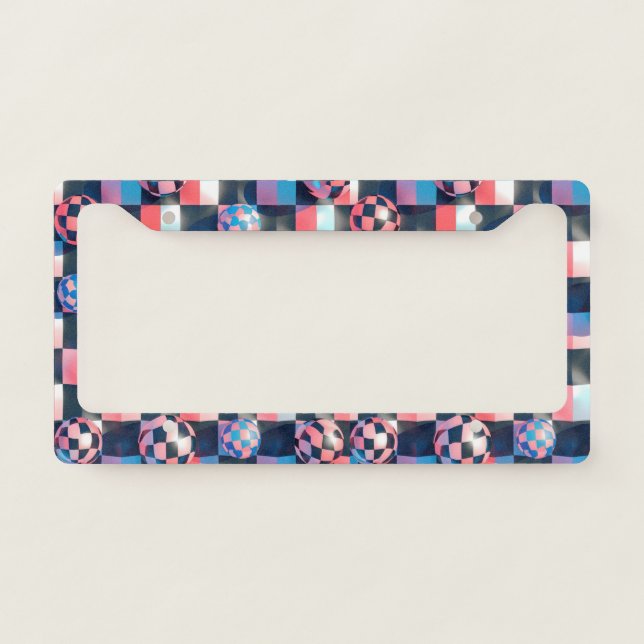 3D Checkerboard Grid with Floating Spheres Pattern License Plate Frame (Front)