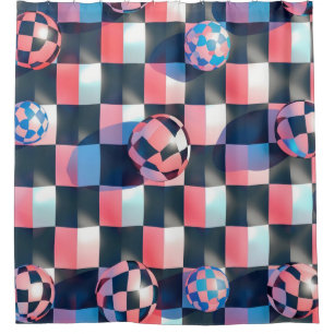 3D Checkerboard Grid with Floating Spheres Pattern Shower Curtain