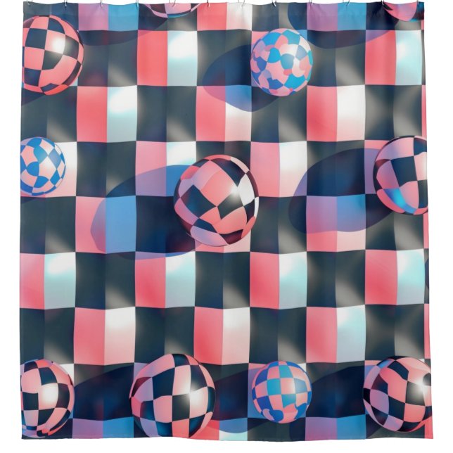 3D Checkerboard Grid with Floating Spheres Pattern Shower Curtain (Front)