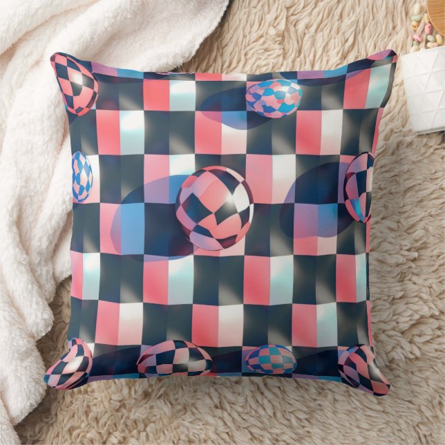 3D Checkerboard Grid with Floating Spheres Pattern Throw Pillow (Blanket)
