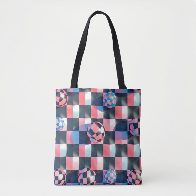 3D Checkerboard Grid with Floating Spheres Pattern Tote Bag (Front)
