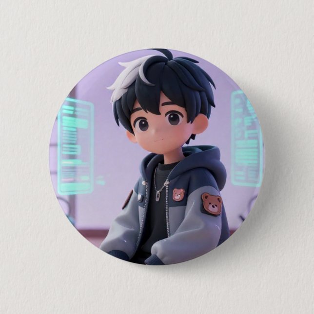 3D Chibi Gamer Boy Holographic Techwear Accessory Button (Front)