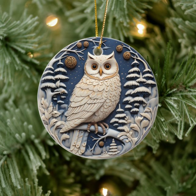 3D Chirstmas Cute White Owl Animal  Ceramic Ornament (Tree)