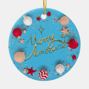 3D Christmas Baubles Image Blue Background Ceramic Ornament