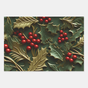 3D Christmas Delight - Holly Leaves & Berries Wrapping Paper Sheets