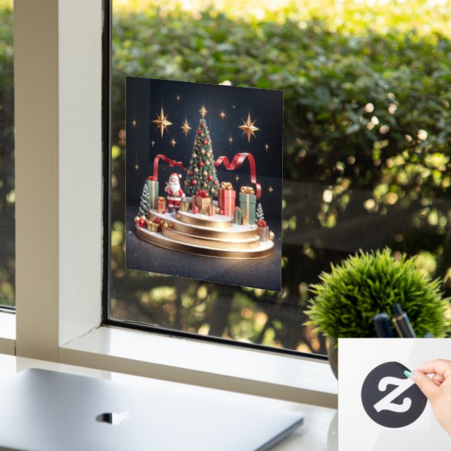 3D Christmas podium with Santa and Christmas tree Window Cling (Office)