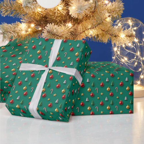 3D Christmas Tree, Ornaments and Candy Cane, Green Wrapping Paper