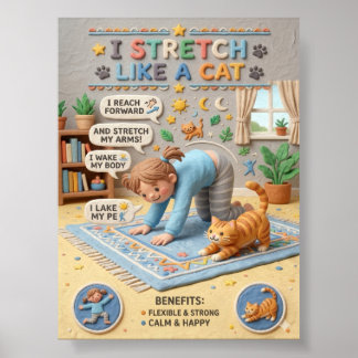 3D Clay Cute Kid and Cat Stretching Educational Poster
