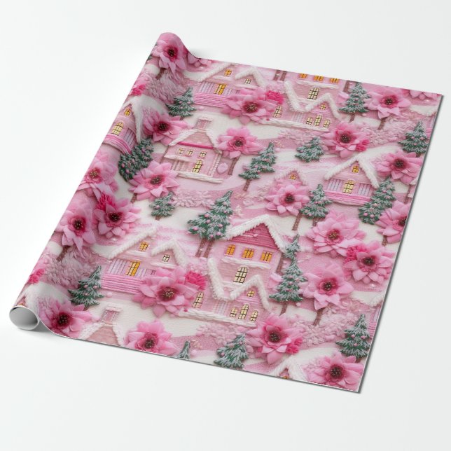 3d Clay Pink Christmas Poinsettia Village Wrapping Paper (Unrolled)