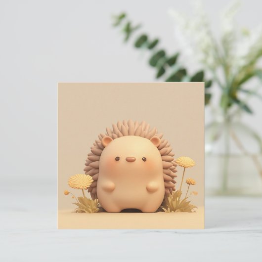 3D Clay Porcupine in Yellow Floral Field Postcard (Standing Front)