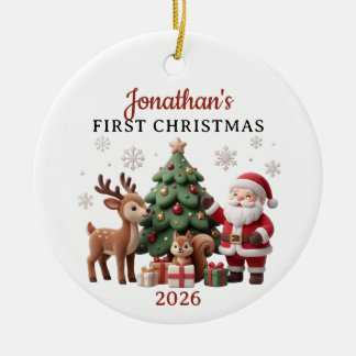 3D Clay Santa & Reindeer Baby 1st Christmas Ceramic Ornament
