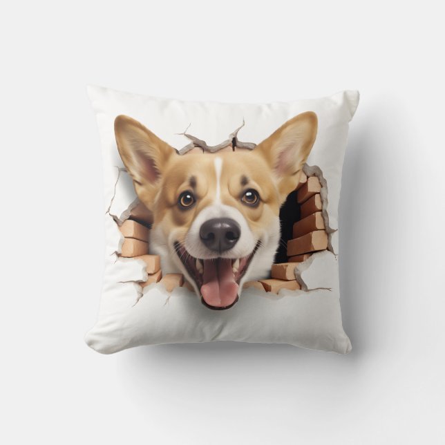 3D Corgi Cracked Hole Throw Pillow (Front)