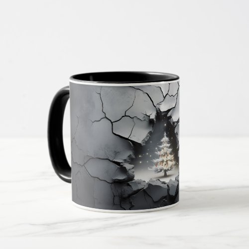 3D Cracked Gray Wall Christmas Tree Mug