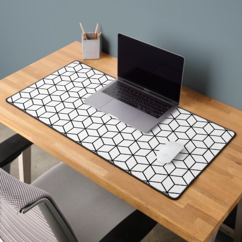 3D Cubes Geometric Black Line on White Pattern Desk Mat