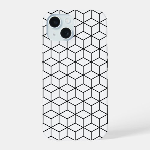 3D Cubes Geometric Black Line on White Pattern iPhone 15 Case
