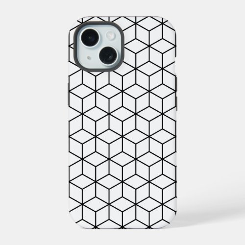 3D Cubes Geometric Black Line on White Pattern iPhone 15 Case