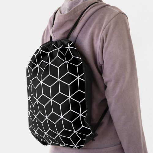 3D Cubes Geometric White Line on Black Lg Pattern Drawstring Bag