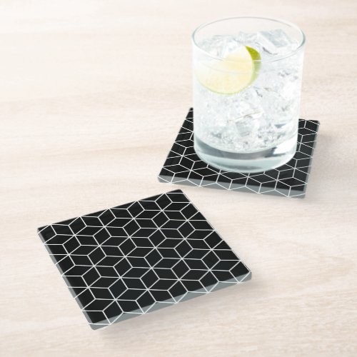 3D Cubes Geometric White Line on Black Lg Pattern Glass Coaster