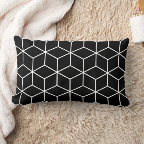 3D Cubes Geometric White Line on Black Lg Pattern Lumbar Pillow